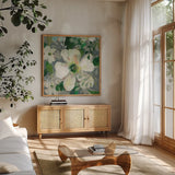 Anemone and Friends IV by Danhui Nai. Shown in a natural wood frame in a cozy modern living room. Available as an archival giclee rolled canvas, fine art paper, or poster print. SKU 54958a.