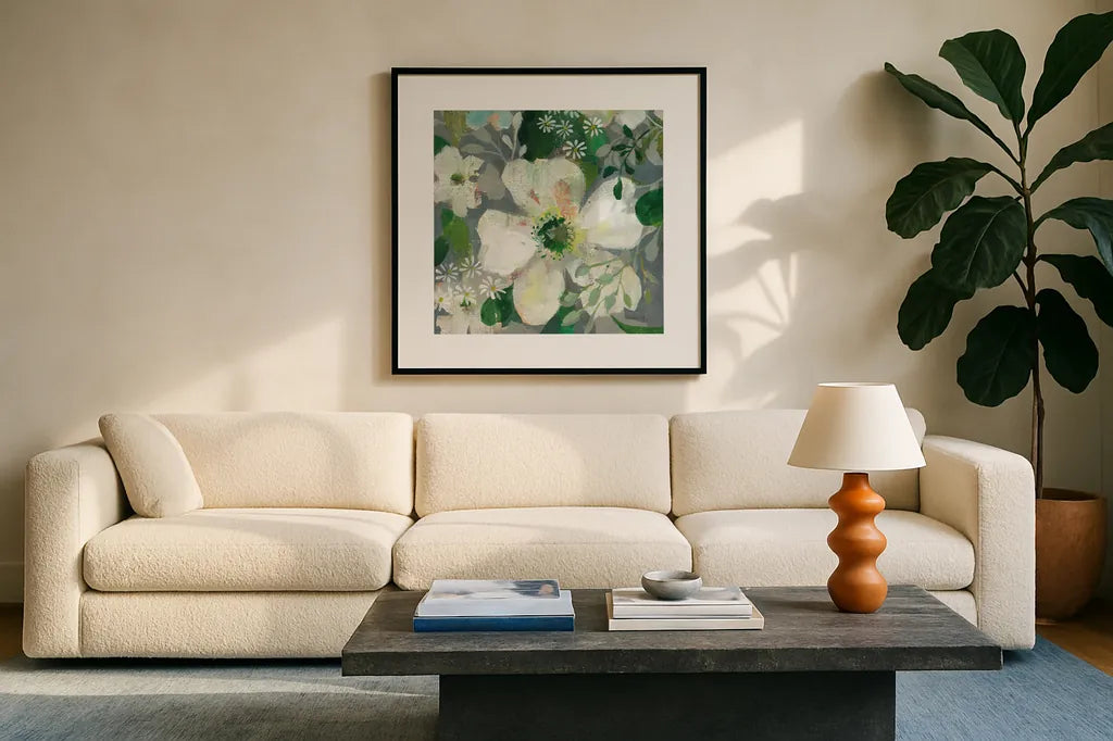 Anemone and Friends IV by Danhui Nai. Displayed in a glass frame with matte in a clean modern living room. Available as an archival giclee rolled canvas, fine art paper, or poster print. SKU 54958a.