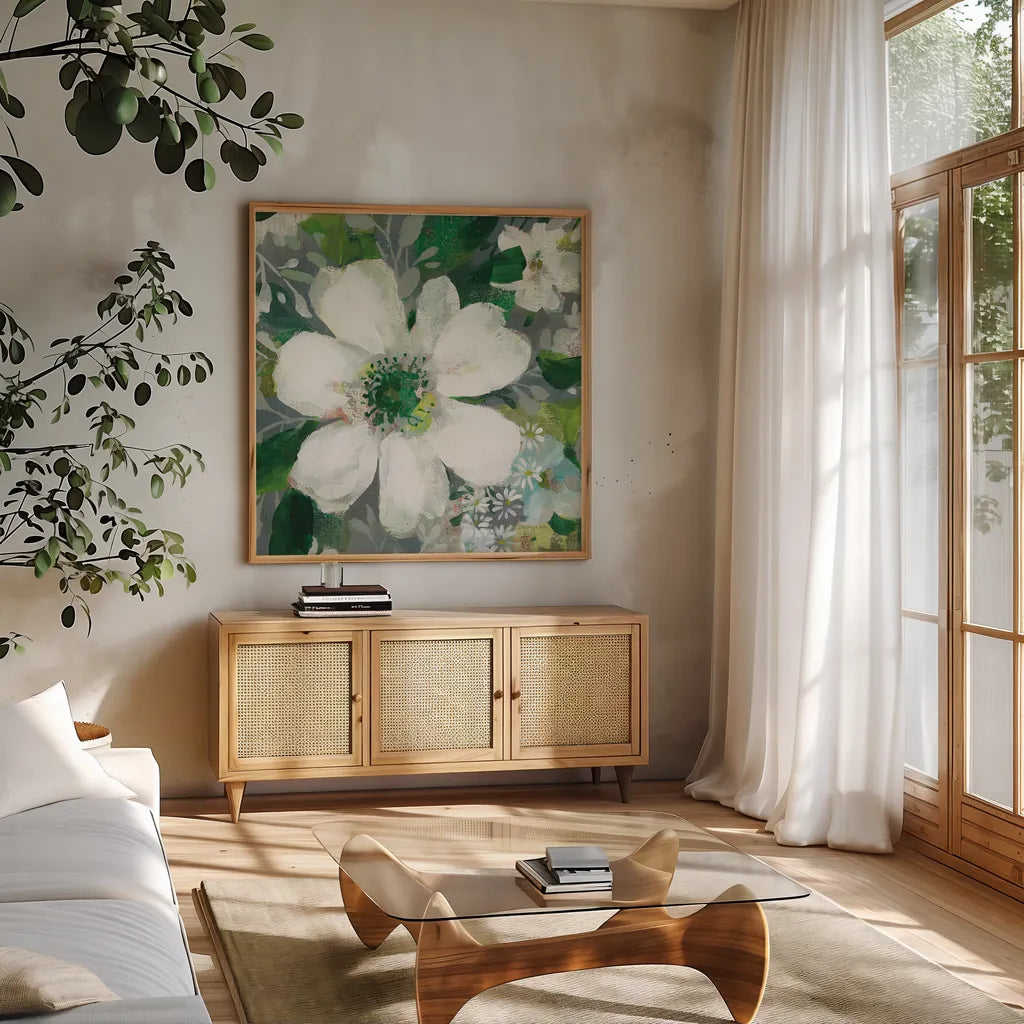 Anemone and Friends V by Danhui Nai. Shown in a natural wood frame in a cozy modern living room. Available as an archival giclee rolled canvas, fine art paper, or poster print. SKU 54959a.