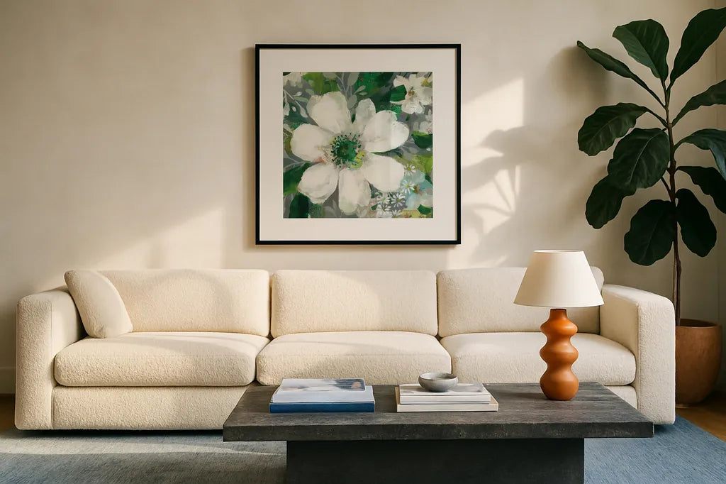 Anemone and Friends V by Danhui Nai. Displayed in a glass frame with matte in a clean modern living room. Available as an archival giclee rolled canvas, fine art paper, or poster print. SKU 54959a.