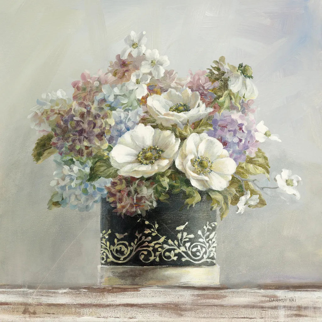 Anemones in Black and White Hatbox by Danhui Nai. SKU 10261a. Archival Giclee Fine art print for wall decor.