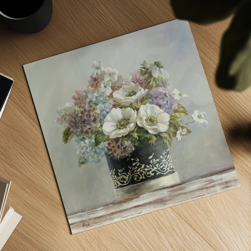 Anemones in Black and White Hatbox by Danhui Nai. Shown as a detailed flat fine art print, highlighting archival giclee quality. Available as an archival giclee rolled canvas, fine art paper, or poster print. SKU 10261a.
