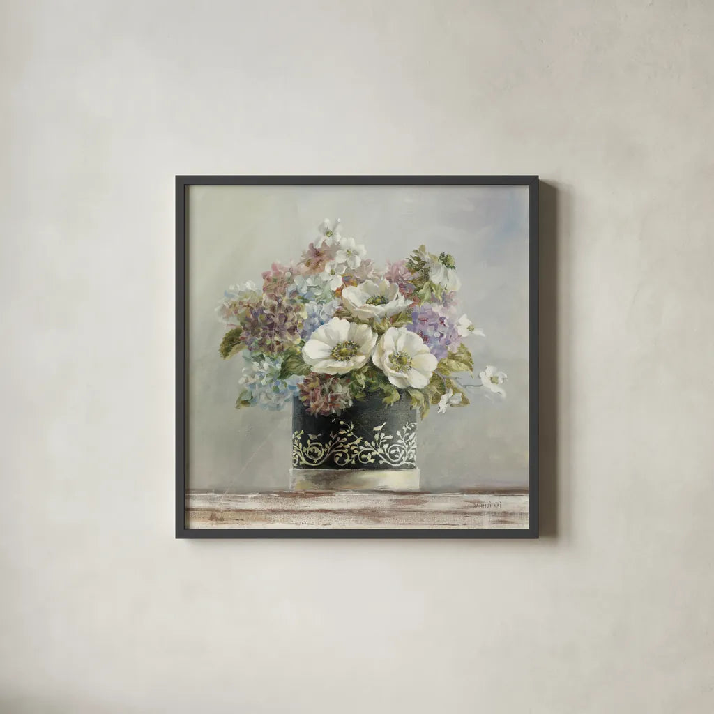 Anemones in Black and White Hatbox by Danhui Nai. Shown in a sleek black glass frame for a contemporary gallery look. Available as an archival giclee rolled canvas, fine art paper, or poster print. SKU 10261a.