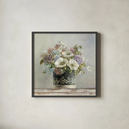 Anemones in Black and White Hatbox by Danhui Nai. Shown in a sleek black glass frame for a contemporary gallery look. Available as an archival giclee rolled canvas, fine art paper, or poster print. SKU 10261a.
