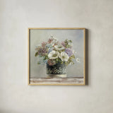 Anemones in Black and White Hatbox by Danhui Nai. Shown in a natural wood glass frame for a timeless modern aesthetic. Available as an archival giclee rolled canvas, fine art paper, or poster print. SKU 10261a.
