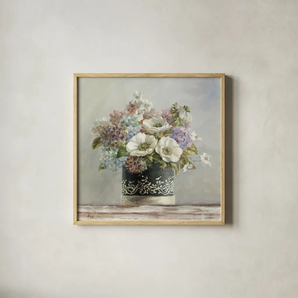 Anemones in Black and White Hatbox by Danhui Nai. Shown in a natural wood glass frame for a timeless modern aesthetic. Available as an archival giclee rolled canvas, fine art paper, or poster print. SKU 10261a.