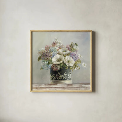 Anemones in Black and White Hatbox by Danhui Nai. Shown in a natural wood glass frame for a timeless modern aesthetic. Available as an archival giclee rolled canvas, fine art paper, or poster print. SKU 10261a.