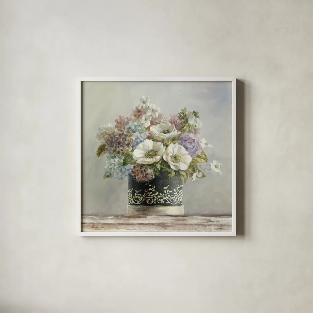 Anemones in Black and White Hatbox by Danhui Nai. Shown in a crisp white glass frame for a clean and minimalist style. Available as an archival giclee rolled canvas, fine art paper, or poster print. SKU 10261a.