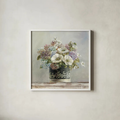 Anemones in Black and White Hatbox by Danhui Nai. Shown in a crisp white glass frame for a clean and minimalist style. Available as an archival giclee rolled canvas, fine art paper, or poster print. SKU 10261a.
