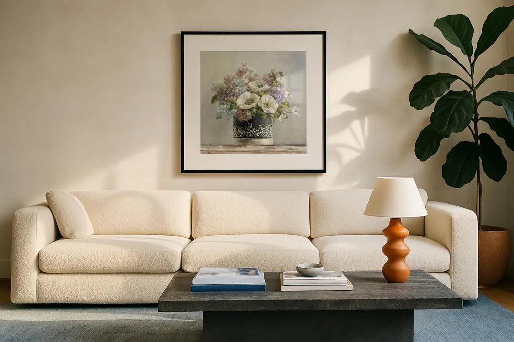 Anemones in Black and White Hatbox by Danhui Nai. Displayed in a glass frame with matte in a clean modern living room. Available as an archival giclee rolled canvas, fine art paper, or poster print. SKU 10261a.