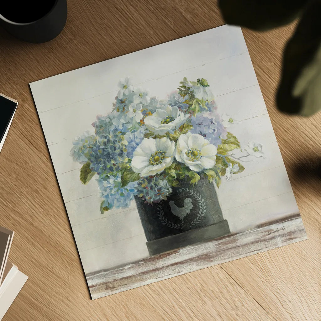 Anemones in Hatbox Shiplap by Danhui Nai. Shown as a detailed flat fine art print, highlighting archival giclee quality. Available as an archival giclee rolled canvas, fine art paper, or poster print. SKU 44817a.