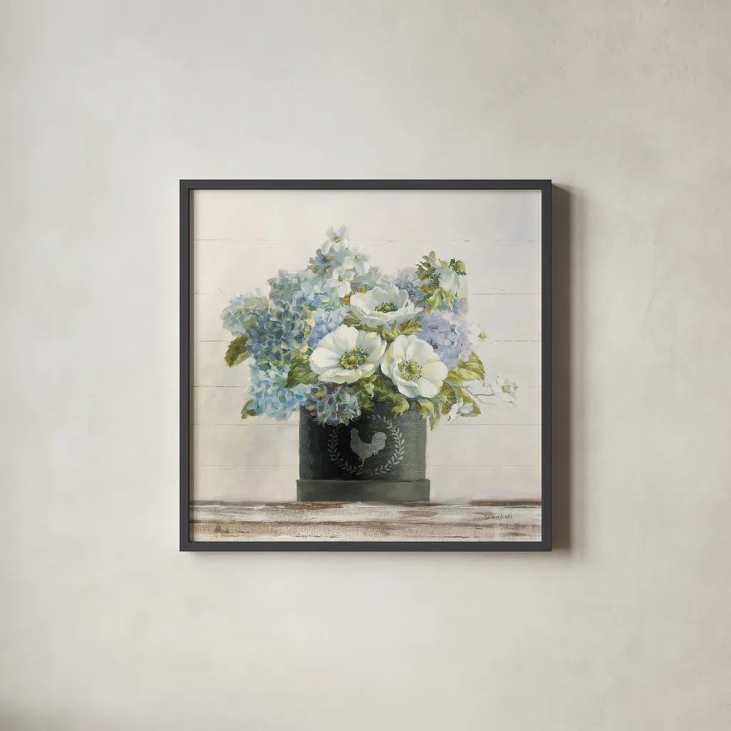 Anemones in Hatbox Shiplap by Danhui Nai. Shown in a sleek black glass frame for a contemporary gallery look. Available as an archival giclee rolled canvas, fine art paper, or poster print. SKU 44817a.