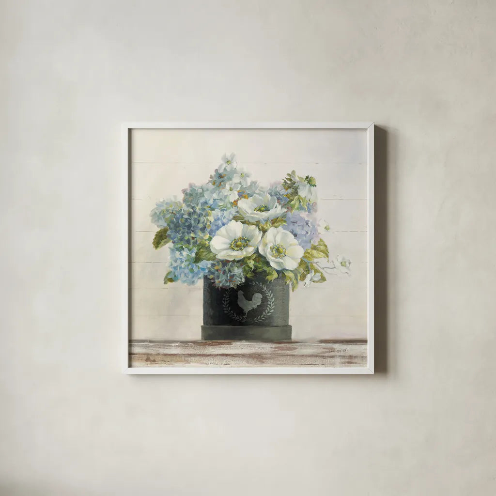 Anemones in Hatbox Shiplap by Danhui Nai. Shown in a crisp white glass frame for a clean and minimalist style. Available as an archival giclee rolled canvas, fine art paper, or poster print. SKU 44817a.