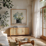 Anemones in Hatbox Shiplap by Danhui Nai. Shown in a natural wood frame in a cozy modern living room. Available as an archival giclee rolled canvas, fine art paper, or poster print. SKU 44817a.