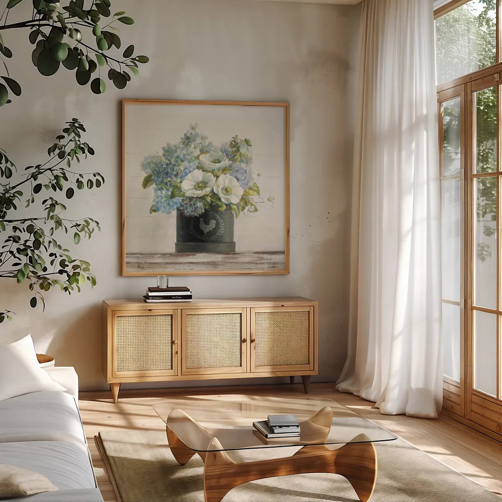 Anemones in Hatbox Shiplap by Danhui Nai. Shown in a natural wood frame in a cozy modern living room. Available as an archival giclee rolled canvas, fine art paper, or poster print. SKU 44817a.