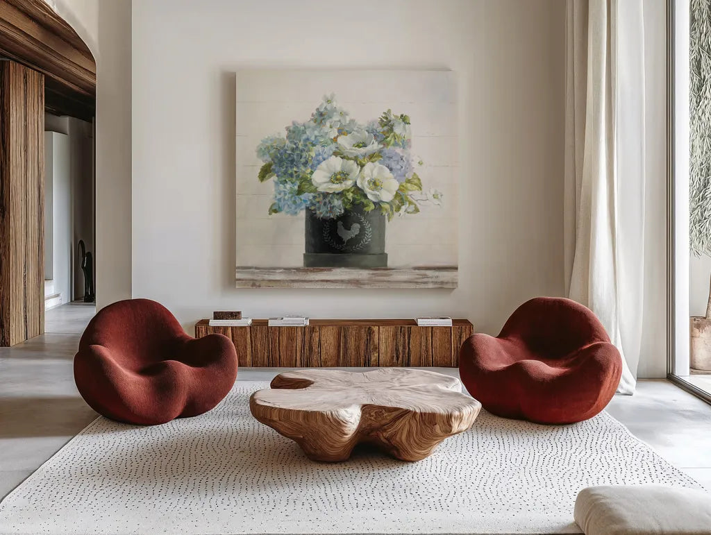 Anemones in Hatbox Shiplap by Danhui Nai. Shown as extra-large giant wall art in a modern living room. Available as an archival giclee rolled canvas, fine art paper, or poster print. SKU 44817a.