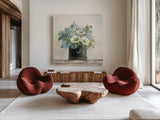 Anemones in Hatbox Shiplap by Danhui Nai. Shown as extra-large giant wall art in a modern living room. Available as an archival giclee rolled canvas, fine art paper, or poster print. SKU 44817a.