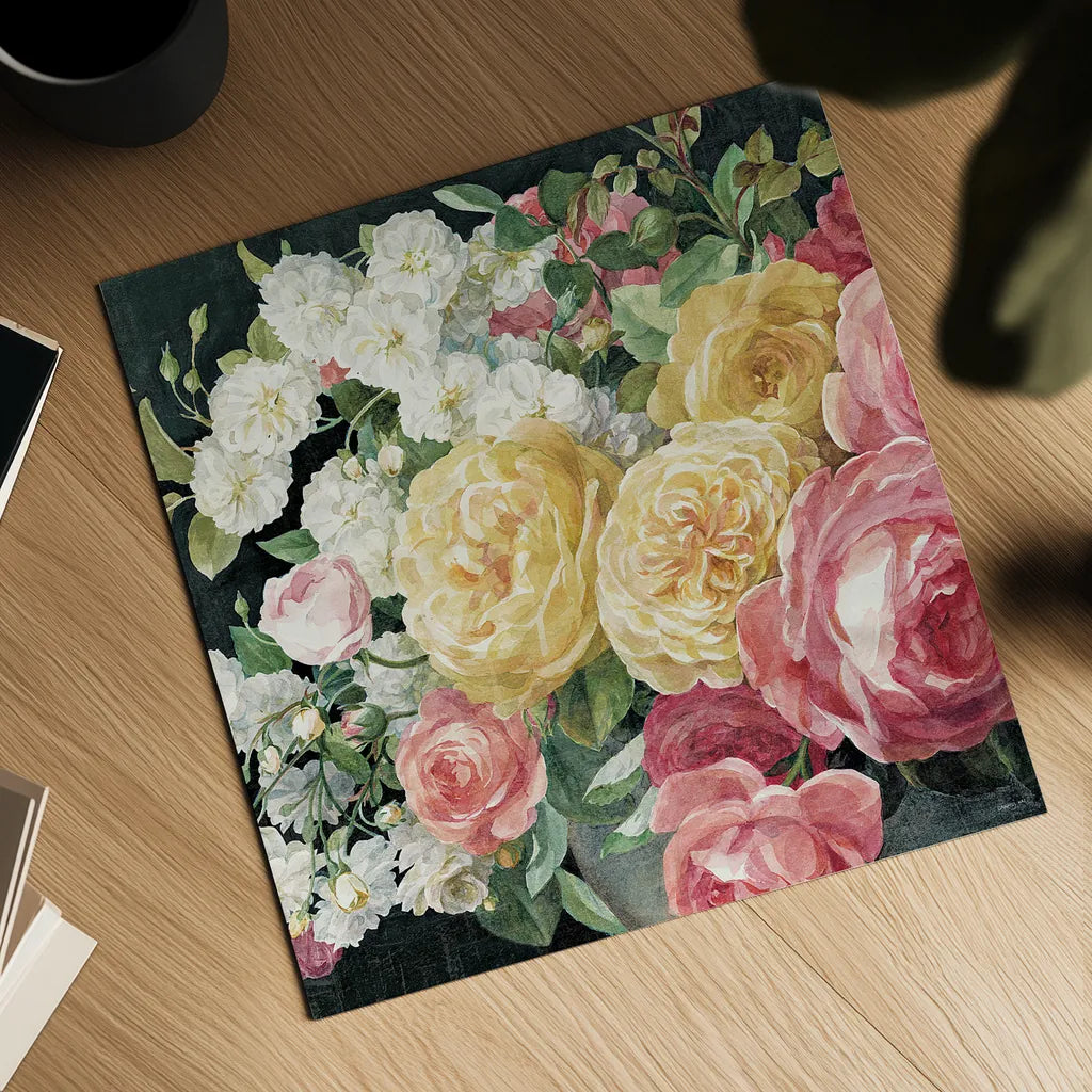 Antique Roses on Black Crop by Danhui Nai. Shown as a detailed flat fine art print, highlighting archival giclee quality. Available as an archival giclee rolled canvas, fine art paper, or poster print. SKU 25960a.