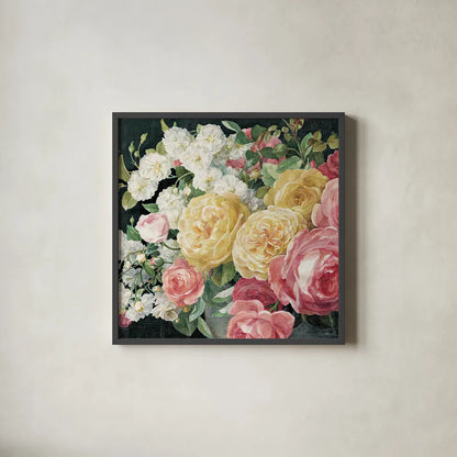 Antique Roses on Black Crop by Danhui Nai. Shown in a sleek black glass frame for a contemporary gallery look. Available as an archival giclee rolled canvas, fine art paper, or poster print. SKU 25960a.