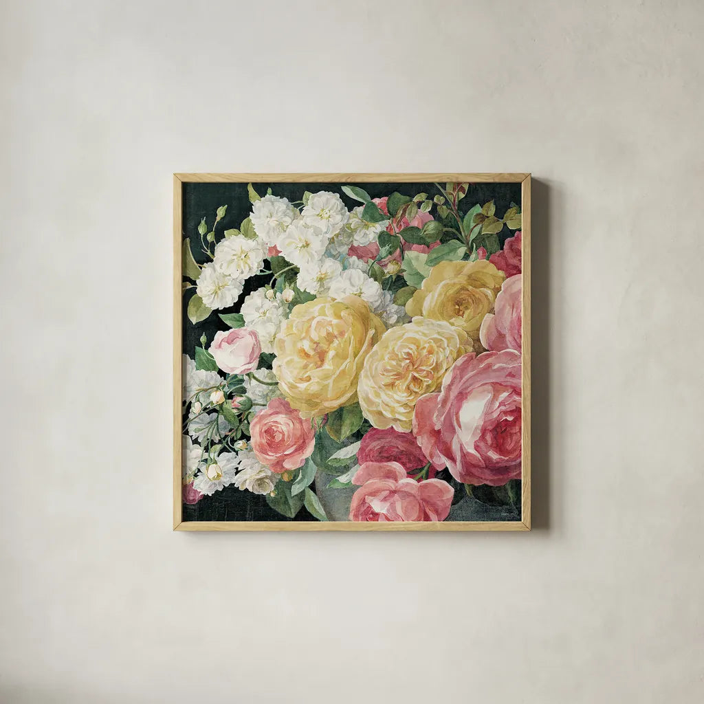 Antique Roses on Black Crop by Danhui Nai. Shown in a natural wood glass frame for a timeless modern aesthetic. Available as an archival giclee rolled canvas, fine art paper, or poster print. SKU 25960a.
