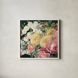 Antique Roses on Black Crop by Danhui Nai. Shown in a crisp white glass frame for a clean and minimalist style. Available as an archival giclee rolled canvas, fine art paper, or poster print. SKU 25960a.