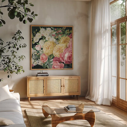 Antique Roses on Black Crop by Danhui Nai. Shown in a natural wood frame in a cozy modern living room. Available as an archival giclee rolled canvas, fine art paper, or poster print. SKU 25960a.