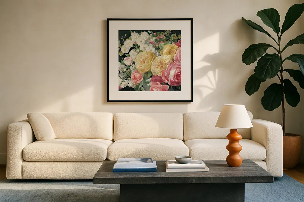 Antique Roses on Black Crop by Danhui Nai. Displayed in a glass frame with matte in a clean modern living room. Available as an archival giclee rolled canvas, fine art paper, or poster print. SKU 25960a.