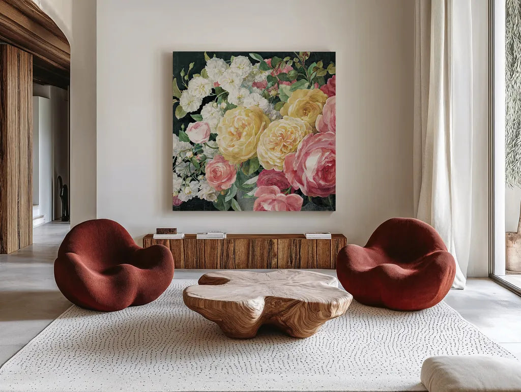 Antique Roses on Black Crop by Danhui Nai. Shown as extra-large giant wall art in a modern living room. Available as an archival giclee rolled canvas, fine art paper, or poster print. SKU 25960a.