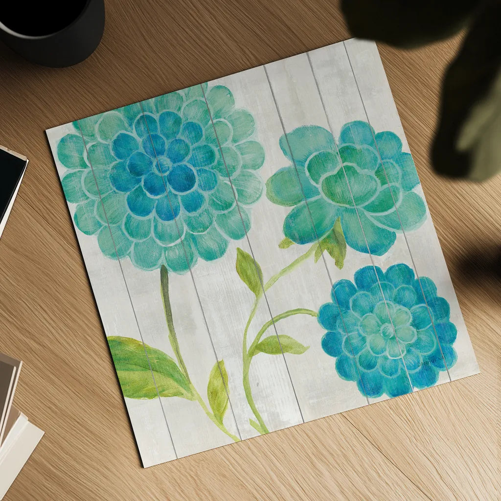Aqua Blooms on Wood I by Danhui Nai. Shown as a detailed flat fine art print, highlighting archival giclee quality. Available as an archival giclee rolled canvas, fine art paper, or poster print. SKU 92014a.