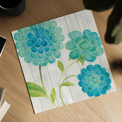 Aqua Blooms on Wood I by Danhui Nai. Shown as a detailed flat fine art print, highlighting archival giclee quality. Available as an archival giclee rolled canvas, fine art paper, or poster print. SKU 92014a.