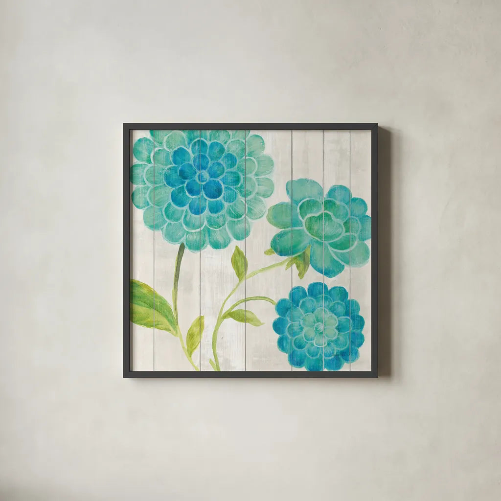 Aqua Blooms on Wood I by Danhui Nai. Shown in a sleek black glass frame for a contemporary gallery look. Available as an archival giclee rolled canvas, fine art paper, or poster print. SKU 92014a.