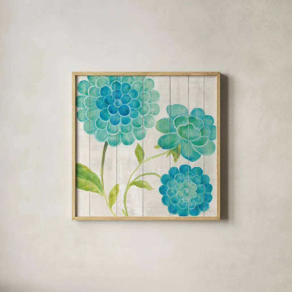 Aqua Blooms on Wood I by Danhui Nai. Shown in a natural wood glass frame for a timeless modern aesthetic. Available as an archival giclee rolled canvas, fine art paper, or poster print. SKU 92014a.