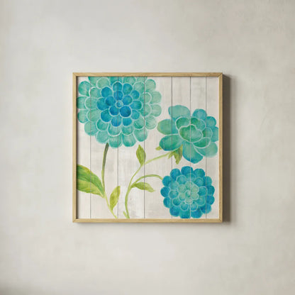 Aqua Blooms on Wood I by Danhui Nai. Shown in a natural wood glass frame for a timeless modern aesthetic. Available as an archival giclee rolled canvas, fine art paper, or poster print. SKU 92014a.