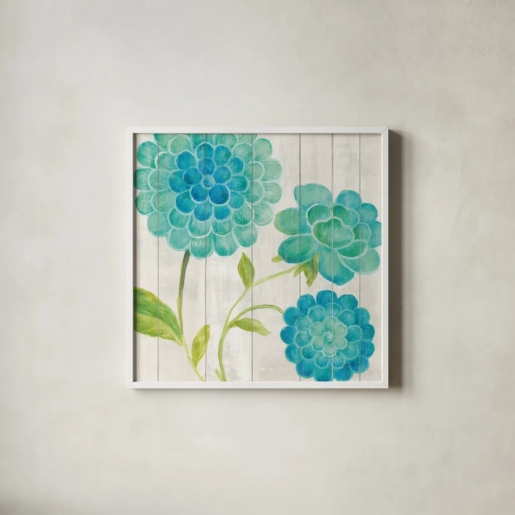 Aqua Blooms on Wood I by Danhui Nai. Shown in a crisp white glass frame for a clean and minimalist style. Available as an archival giclee rolled canvas, fine art paper, or poster print. SKU 92014a.
