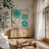 Aqua Blooms on Wood I by Danhui Nai. Shown in a natural wood frame in a cozy modern living room. Available as an archival giclee rolled canvas, fine art paper, or poster print. SKU 92014a.