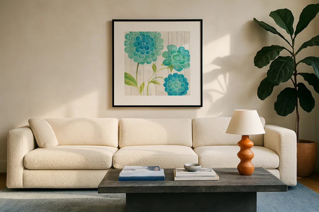 Aqua Blooms on Wood I by Danhui Nai. Displayed in a glass frame with matte in a clean modern living room. Available as an archival giclee rolled canvas, fine art paper, or poster print. SKU 92014a.
