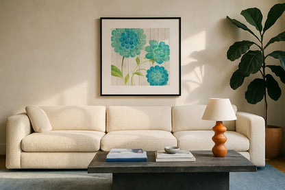 Aqua Blooms on Wood I by Danhui Nai. Displayed in a glass frame with matte in a clean modern living room. Available as an archival giclee rolled canvas, fine art paper, or poster print. SKU 92014a.
