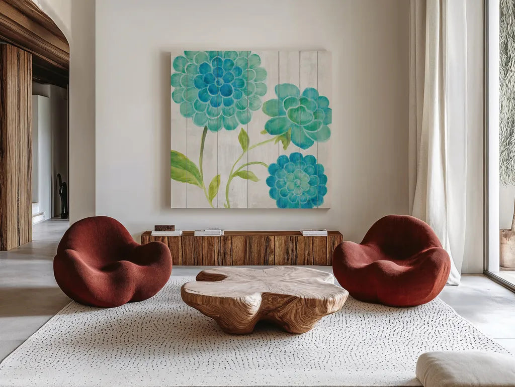 Aqua Blooms on Wood I by Danhui Nai. Shown as extra-large giant wall art in a modern living room. Available as an archival giclee rolled canvas, fine art paper, or poster print. SKU 92014a.