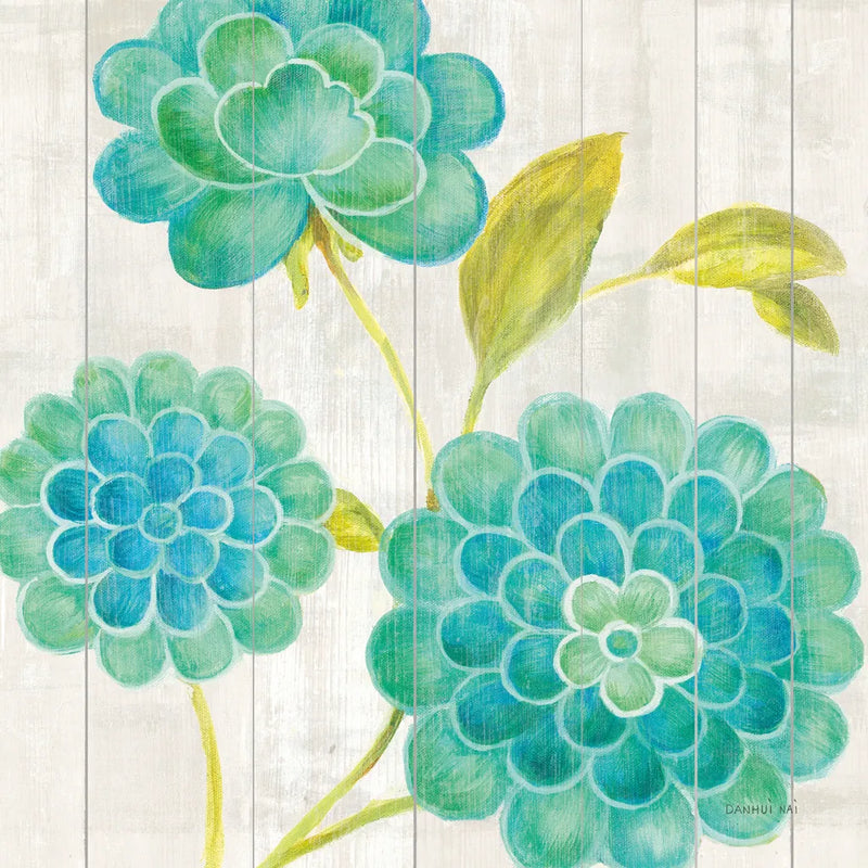 Aqua Blooms on Wood II by Danhui Nai. SKU 92015a. Archival Giclee Fine art print for wall decor.