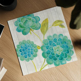Aqua Blooms on Wood II by Danhui Nai. Shown as a detailed flat fine art print, highlighting archival giclee quality. Available as an archival giclee rolled canvas, fine art paper, or poster print. SKU 92015a.