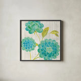 Aqua Blooms on Wood II by Danhui Nai. Shown in a sleek black glass frame for a contemporary gallery look. Available as an archival giclee rolled canvas, fine art paper, or poster print. SKU 92015a.