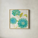 Aqua Blooms on Wood II by Danhui Nai. Shown in a natural wood glass frame for a timeless modern aesthetic. Available as an archival giclee rolled canvas, fine art paper, or poster print. SKU 92015a.
