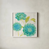 Aqua Blooms on Wood II by Danhui Nai. Shown in a crisp white glass frame for a clean and minimalist style. Available as an archival giclee rolled canvas, fine art paper, or poster print. SKU 92015a.