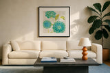 Aqua Blooms on Wood II by Danhui Nai. Displayed in a glass frame with matte in a clean modern living room. Available as an archival giclee rolled canvas, fine art paper, or poster print. SKU 92015a.