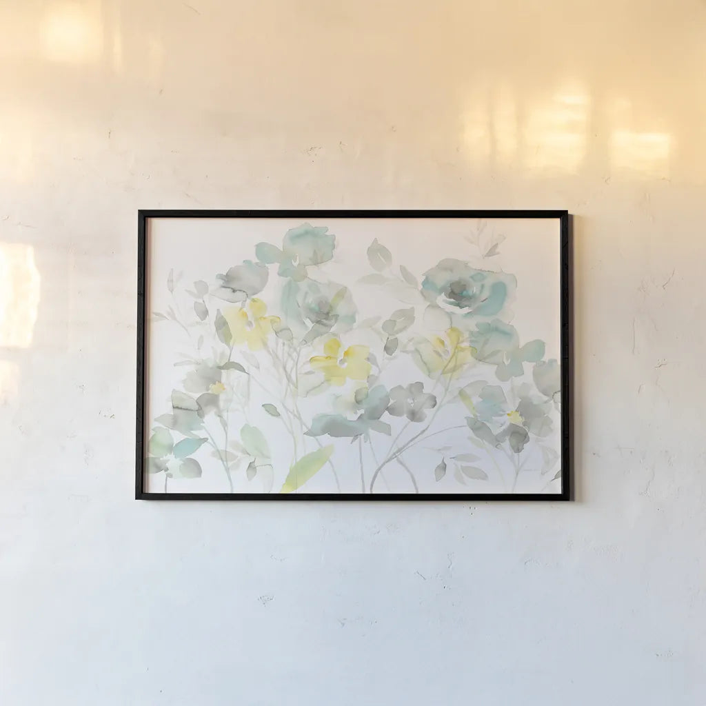 Aqua Roses Shadows by Danhui Nai. shown as a paper print in a black flame. Available as a archival giclee rolled canvas, fine art paper, or poster print. SKU 35446i.