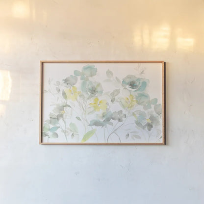 Aqua Roses Shadows by Danhui Nai. shown as a paper print in a natural frame. Available as a archival giclee rolled canvas, fine art paper, or poster print. SKU 35446i.