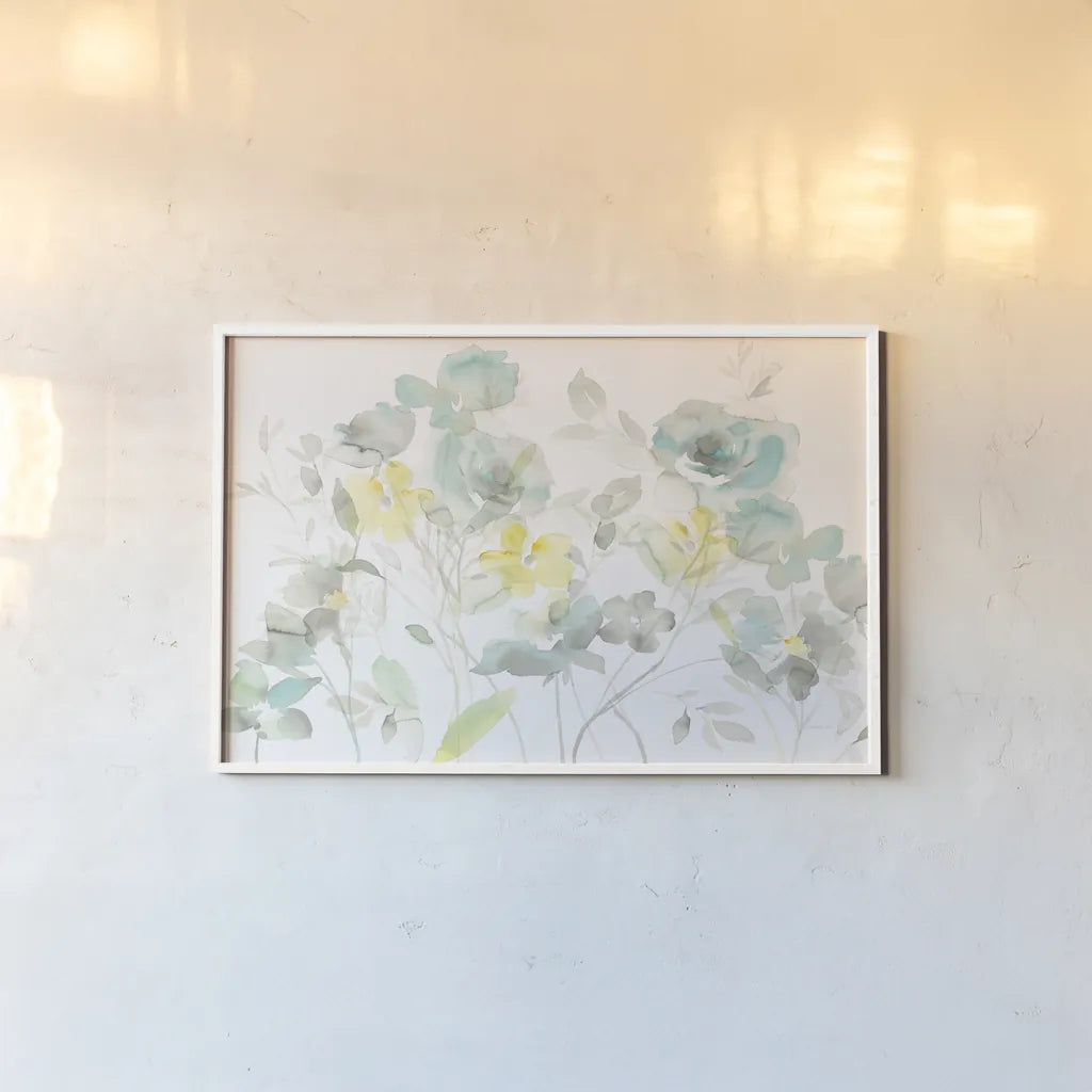 Aqua Roses Shadows by Danhui Nai. shown as a paper print in a white frame. Available as a archival giclee rolled canvas, fine art paper, or poster print. SKU 35446i.