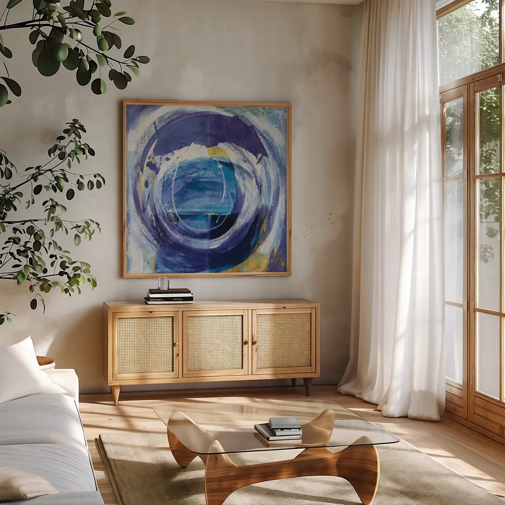 Around the World by Danhui Nai. Shown in a natural wood frame in a cozy modern living room. Available as an archival giclee rolled canvas, fine art paper, or poster print. SKU 74117a.