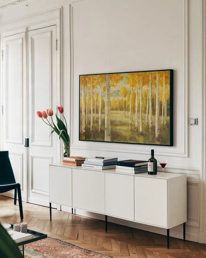 Aspen Birches by Danhui Nai. shown as a framed stretched canvas in a living room above a console. Available as a archival giclee rolled canvas, fine art paper, or poster print. SKU 9390i.