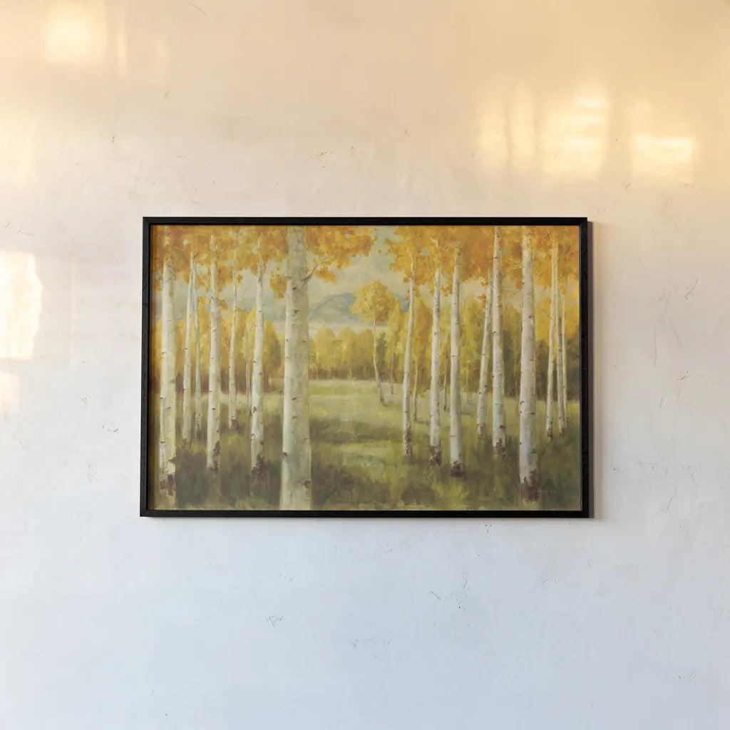 Aspen Birches by Danhui Nai. shown as a paper print in a black flame. Available as a archival giclee rolled canvas, fine art paper, or poster print. SKU 9390i.